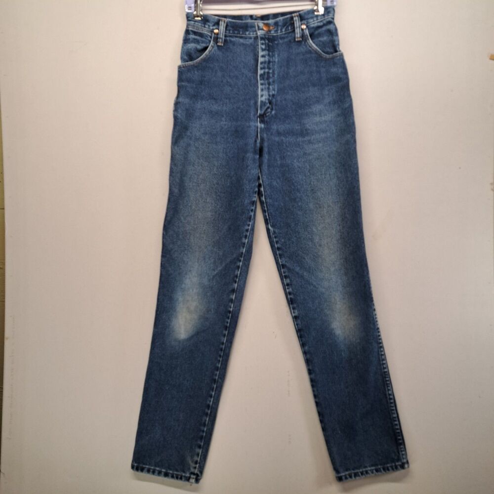 Wrangler Jeans Womens 9/10x34 Blue Jeans Made in USA High Waisted Straight Leg